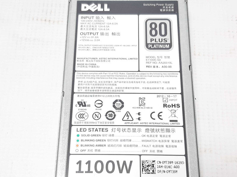 Dell 1100W Switching power Supply N-0YT39Y 100-240V/12A-6.5A +