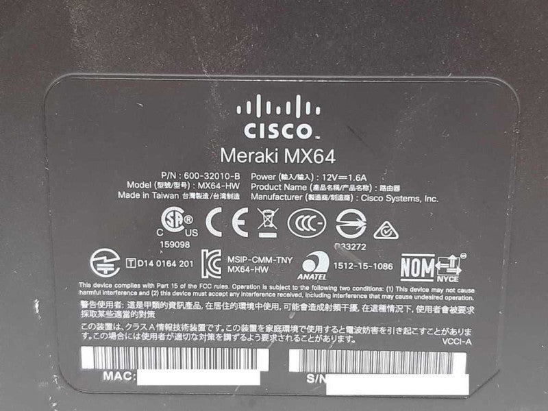 Cisco Meraki MX68 Cloud Managed Firewall - CLAIMED ~
