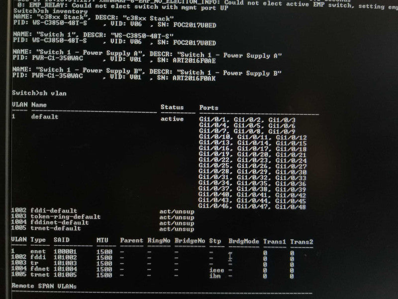 Cisco WS-C3850-48T-S 48- Port GigaBit Switch, 2x PSU, Factory Reset _
