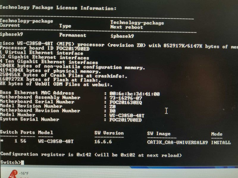 Cisco WS-C3850-48T-S 48- Port GigaBit Switch, 2x PSU, Factory Reset _