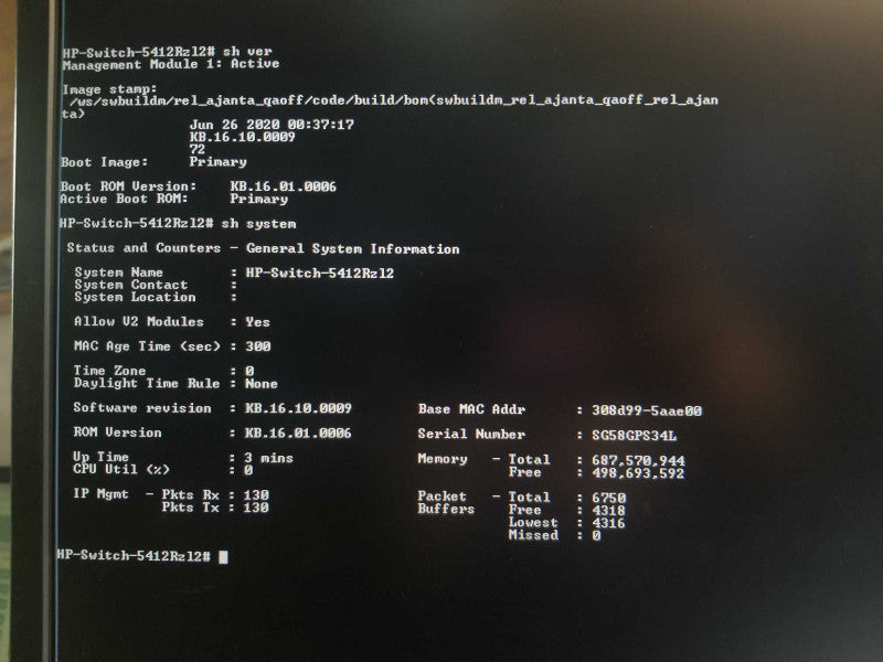 HP switch 5412Rzl2 J9851A with 2x HP 24P Gig-T J9986A zl2 v3 modules. 2x PSU. _