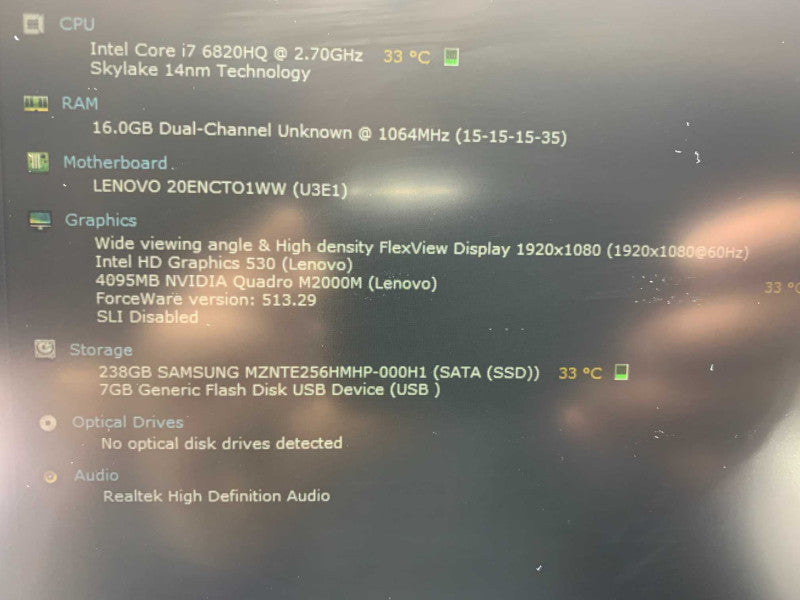 Lenovo P50 with i7-6820HQ @ 2.7GHZ CPU 16GB RAM & 256GB SSD Storage  -