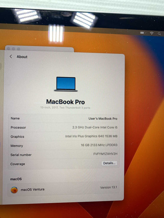 MacBook Pro 13-inch 2017 i5 2.3 GHz 16 Gb Ram 250 SSD -