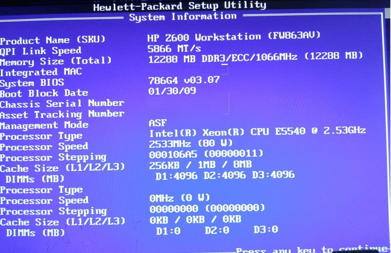 HP Z600 Workstation Xeon E5540 @2.53GHz 12GB DDR3 NVIDIA FX 4800 No HDD +