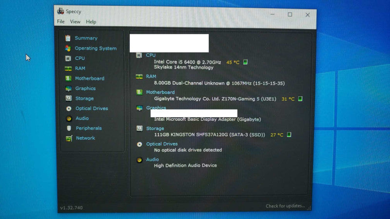 Custom PC Gigabite GA-Z170 i5-6400@2.7GHz 8GB DDR4 120G SATA SSD 450W PSU [