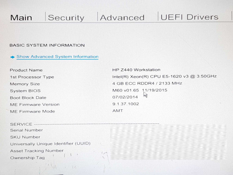 HP Z440 WS, Xeon E5-1620 v3 @ 3.5GHz, 4GB DDR4, No HDD, No GPU +