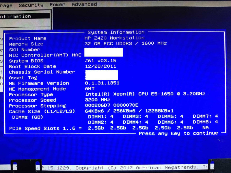 HP Z420 WS Xeon E5-1650 @ 3.20GHz 32GB RAM - No HDD/GPU +