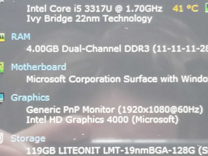 Microsoft Surface Pro Model 1514, i5-3317U 4GB DDR3 128GB Storage |