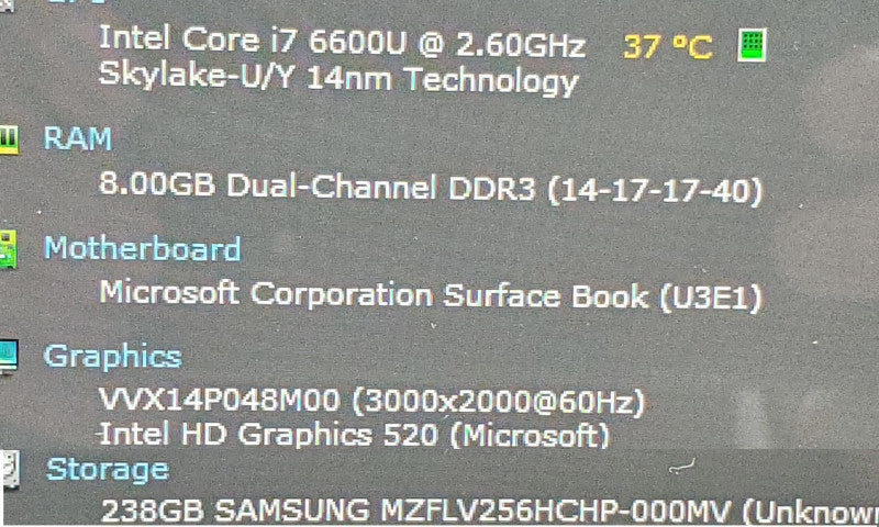 Microsoft Surface Book 1703, i7-6600U 8GB DDR3 256GB Storage |
