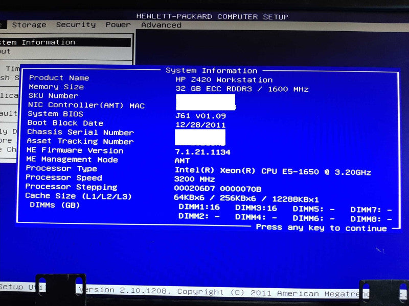HP Z420 WS Xeon E5-1650 @ 3.20GHz 32GB RAM -No HDD/GPU +