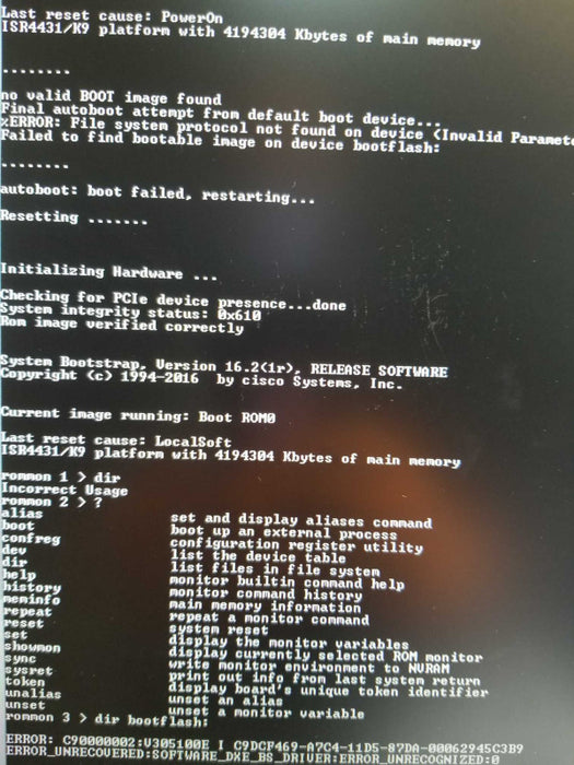 Cisco ISR4431/K9 Integrated service router, No Valid boot image, AS-IS _