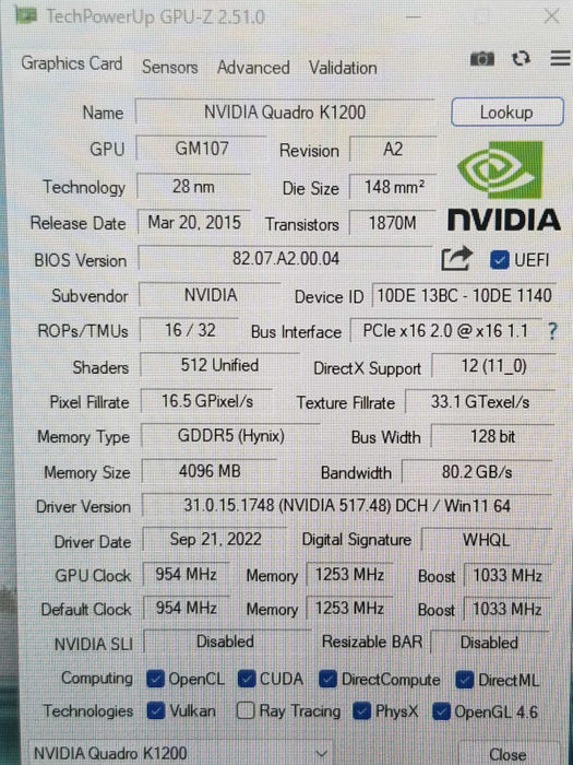 PNY Nvidia Quadro K1200 4GB GDDR5 PCI-E x16 2.0 Desktop Video Card ~