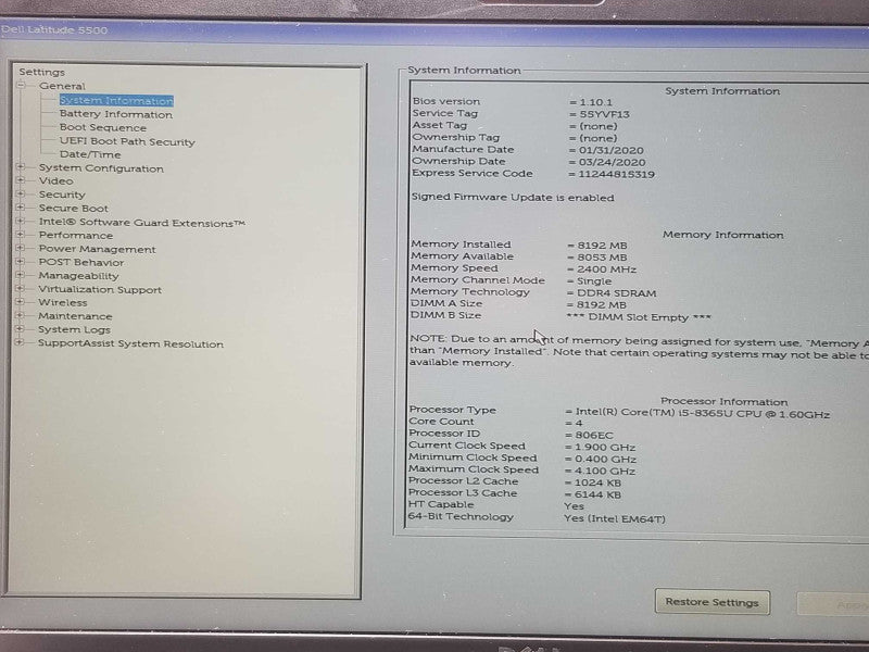 Dell Latitude 5580, Core I5-8365U 1.6GHz, 8GB DDR4, 256GB SSD, 15.6\\" _