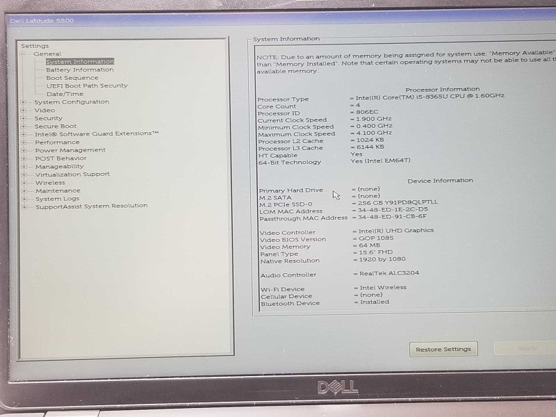 Dell Latitude 5580, Core I5-8365U 1.6GHz, 8GB DDR4, 256GB SSD, 15.6\\" _