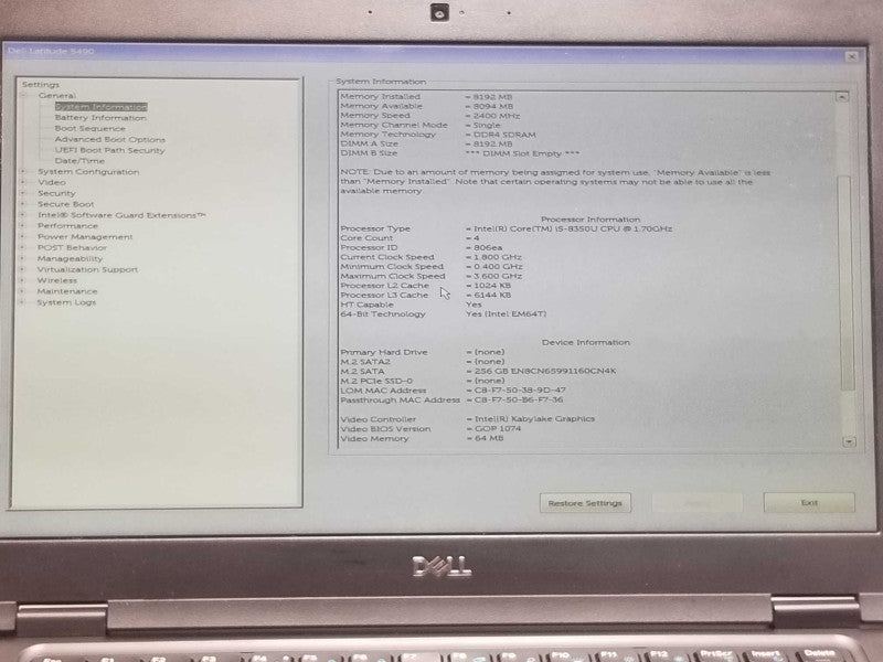 Dell Latitude 5490, Core I5-8350U 1.7GHz, 8GB DDR4, 256GB SSD, 14\\" _