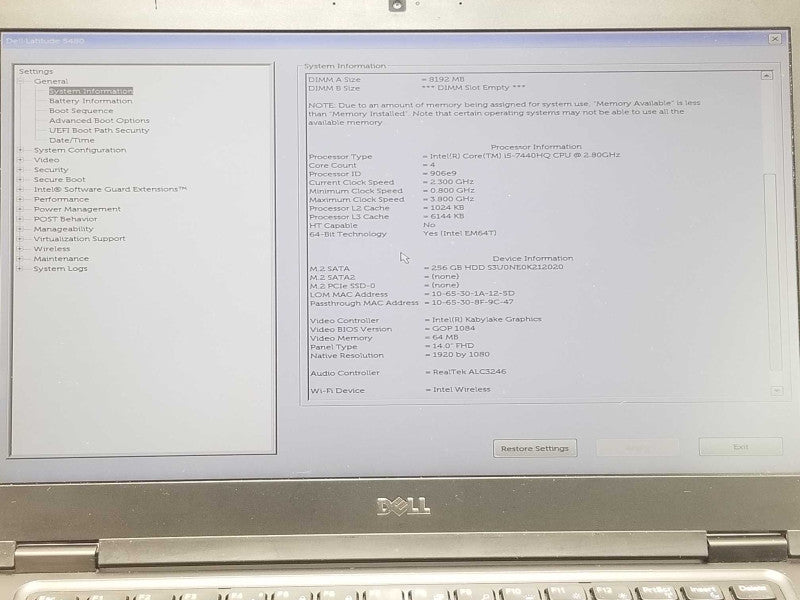 Dell Latitude 5480, Core I5-7440HQ, 8GB DDR4 256GB SSD, 14\\", GeForce 930MX 2GB _