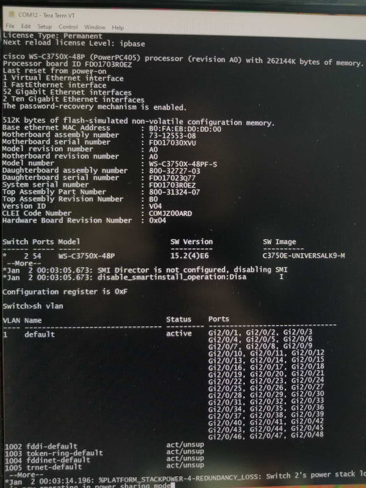 Cisco WS-C3750X-48PF-S Stack 48 Gigabit PoE Plus IP Base, NO PSUs, QTY ~