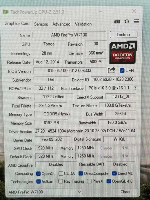 AMD FirePro W7100 8GB GDDR5 PCIe 4 x DisplayPort Video Card ~