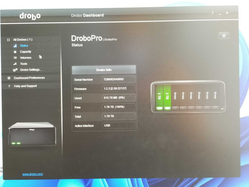 Data Robotics Drobo Pro DRPR1-A 8-Slot Direct Attached Storage 2x 2TB HDDs _