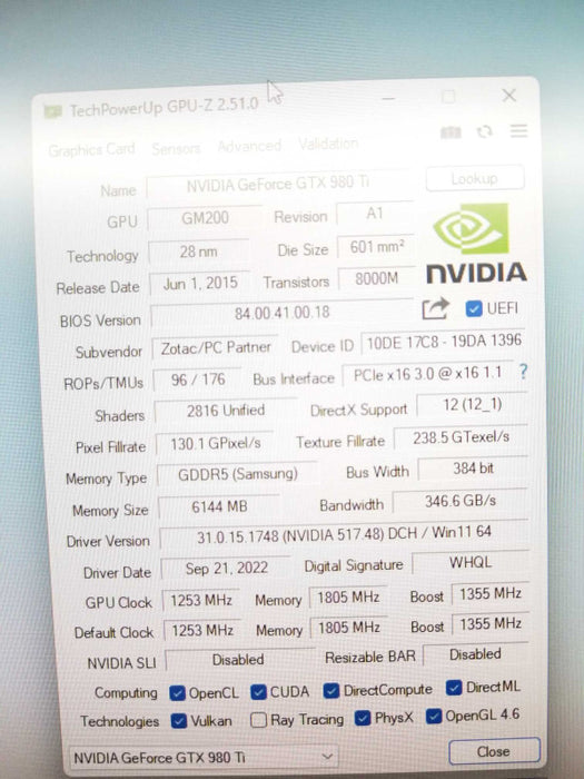 ZOTAC NVIDIA GeForce GTX 980Ti 6GB GDDR5 Graphics Card, 100% TESTED ~