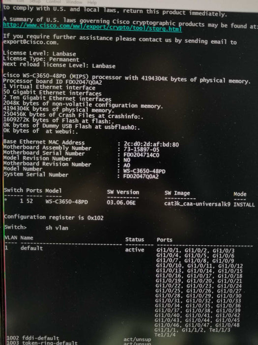 Cisco WS-C3650-48FD-L 48x Port PoE+ Network Layer 3, NO PSU ~