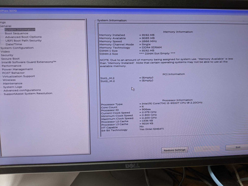 Dell OptiPlex 3070 USFF i5-9500T @ 2.2GHz 8GB DDR4