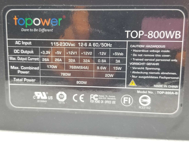 Topower ATX 800 Power Supply TOP-800WB 800W Power Supply _