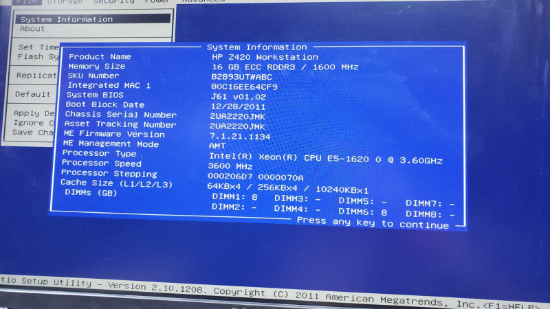 HP Z420 Workstation 16GB ECC RDDR3 E5-1620@3.6GHZ FirePro V3900 1G No HDD [