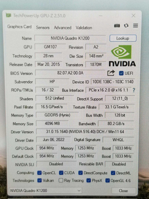 Nvidia Quadro K1200 4GB GDDR5 PCI-E x16 2.0 4x DP Ports Low Profile ~