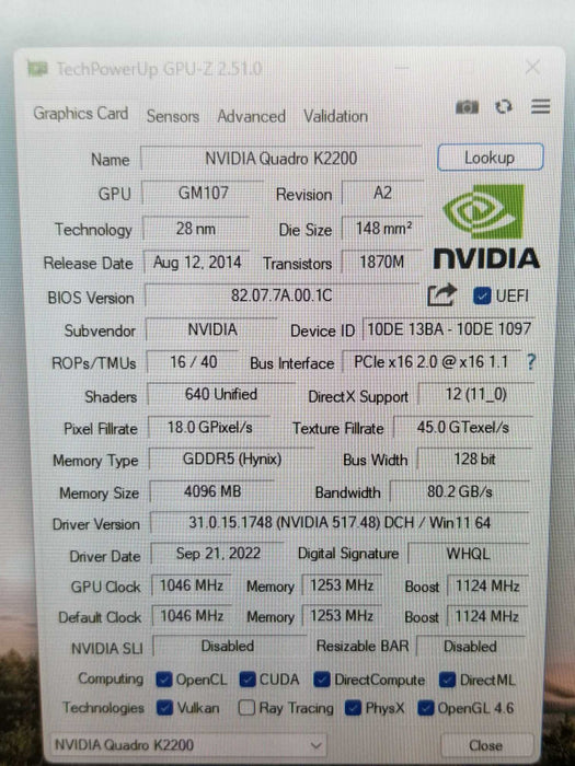 NVIDIA Quadro K2200 4GB PCIe GDDR5 Dual DisplayPort, DVI ~