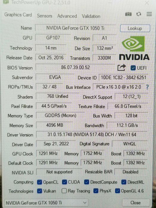 EVGA NVIDIA GeForce GTX 1050 Ti (Superclock) GAMING 4GB GDDR5 128 bit ~