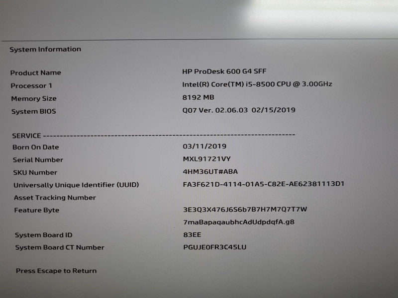HP ProDesk 600 G4 SFF i5-8500 @ 3.00ghz / 8gb ram / read #