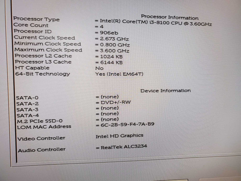 Dell OptiPlex 5060 Core i3-8100 @ 3.6 GHz 8GB DDR4 No HDD (