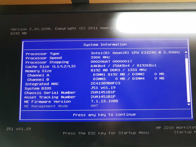 HP Z210 workstation Xeon E3-1240 @ 3.30ghz / 8gb ram / quadro FX 580 #