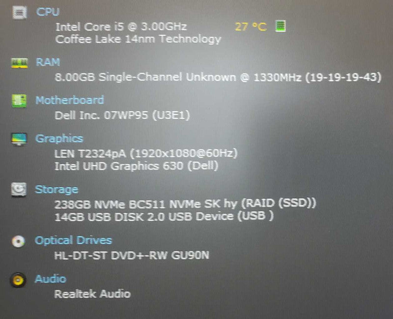 Dell Optiplex 3070 Core i5-9500 @ 3.0 GHz 8GB DDR4 250GB SSD (