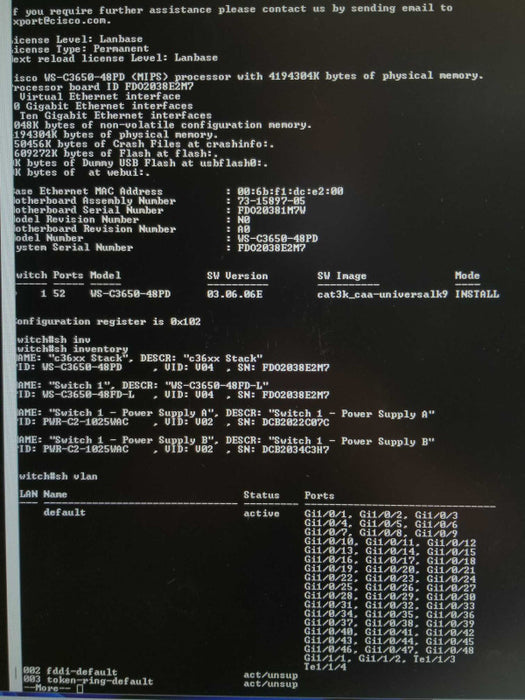 Cisco WS-C3650-48FD-L 48x PoE Gig Managed LANBase Switch, 2x PWR-C2-1025WAC _