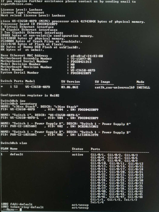 Cisco WS-C3650-48FD-L 48x PoE Gig Managed LANBase Switch, 2x PWR-C2-1025WAC _