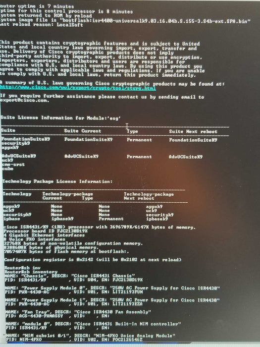 Cisco ISR4431/K9 Router 2x PSU, 2x NIM 4FXO, 1x NIM 2MFT-T1/E1, Factory Reset _