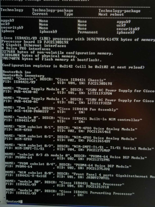 Cisco ISR4431/K9 Router 2x PSU, 2x NIM 4FXO, 1x NIM 2MFT-T1/E1, Factory Reset _