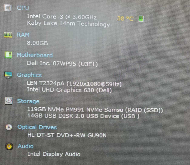 Dell OptiPlex 3070 i3-9100 @ 3.6 GHz 8GB DDR4 120GB SSD (