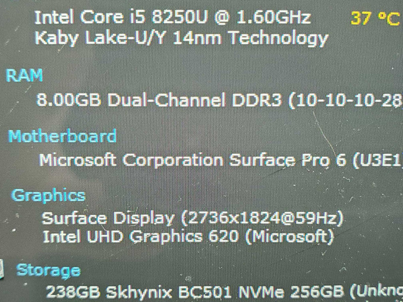 Microsoft Surface Pro 6 1796 i5-8250U 8GB DDR3 256GB Storage (READ) |