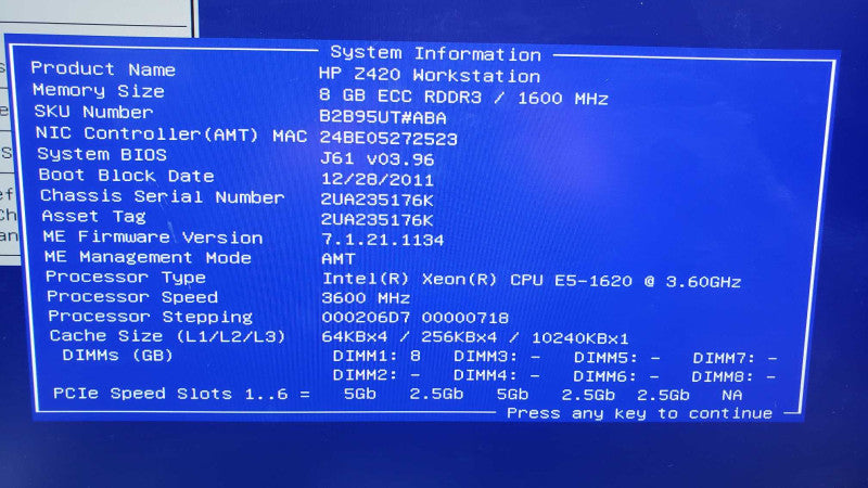 HP Z420 Workstation E5-1620@3.6GHz 8GB ECC DDR3 EAH5450 No HDD [