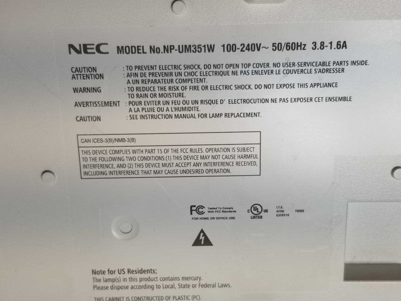 NEC NP-UM351W LCD Projector Ultra Short Throw1080p HDMI Only 191Hrs Lamp Hrs _