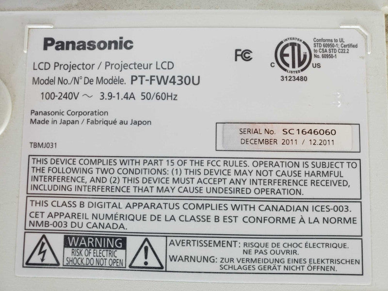 Panasonic PT-FW430 Projector HDMI/DVI/VGA, 956 Lamp Hours (