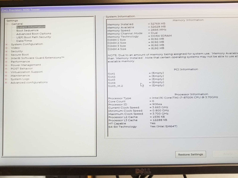 Dell Precision 3630 Tower, Core i7-8700K 3.7GHz, 32GB RAM, 512GB SSD. _