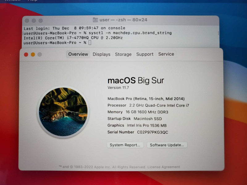 Macbook Pro 2014 15\\" Retina Core i7-4770HQ @ 2.2GHz 16GB Ram 250GB SSD (