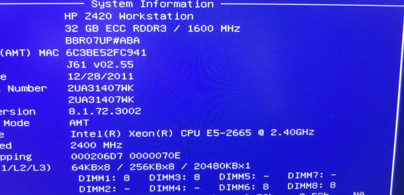 HP Z420 Xeon E5-2665 2.4GHz/32GB ECC, Radeon HD7770 2GB, NO HDDs ~