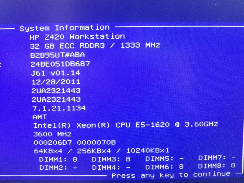 HP Z420 Xeon E5-1620 3.6GHz/32GB ECC, Radeon HD7770 2GB, NO HDDs ~