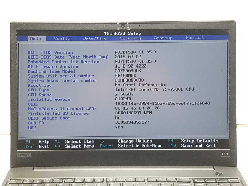 Lenovo ThinkPad E580, Core I5-7200U 2.5GHz, 8GB RAM, 256GB SSD, 15\\" SEE _