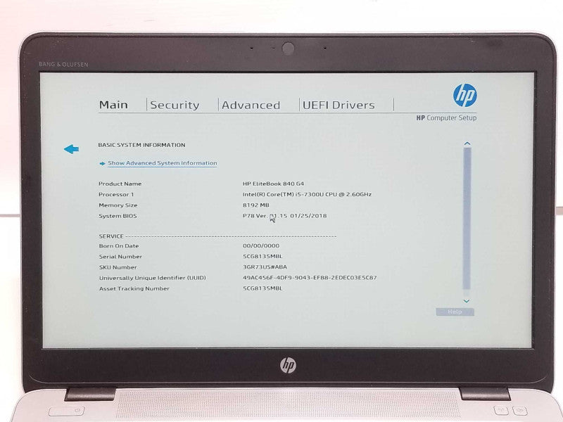 HP EliteBook 840G4, Core I5-7300U 2.6GHz, 8GB RAM, 256GB SSD, No Webcam _